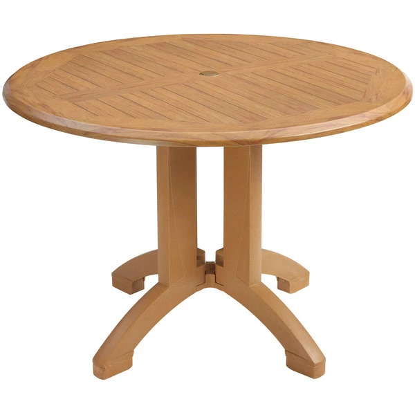 Grosfillex UT380008 Winston 42" Teak Decor Round Molded Melamine Pedestal Table With Umbrella Hole 1 Grosfillex UT380008 Winston 42" Teak Decor Round Molded Melamine Pedestal Table With Umbrella Hole