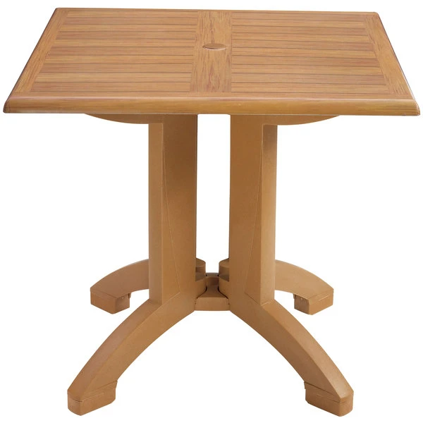 Grosfillex UT375008 Winston 36" X 36" Teak Decor Square Molded Melamine Pedestal Table With Umbrella Hole 1 Grosfillex UT375008 Winston 36" X 36" Teak Decor Square Molded Melamine Pedestal Table With Umbrella Hole